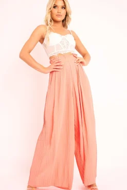 Rebellious Fashion Coral Plisse Frill Waist Wide Leg Trousers - Otta