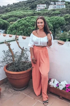 Rebellious Fashion Coral Plisse Frill Waist Wide Leg Trousers - Otta