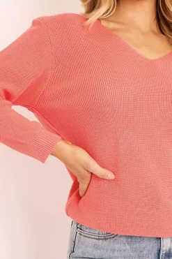 Rebellious Fashion Coral Plunge Neck Knit Jumper - Halie