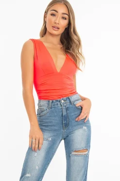 Rebellious Fashion Coral Plunge Ruched Bodysuit - Sookie