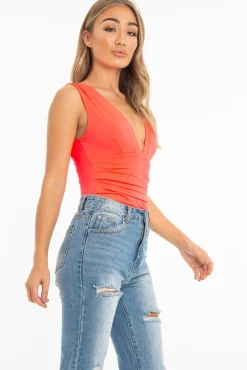 Rebellious Fashion Coral Plunge Ruched Bodysuit - Sookie