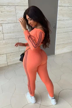 Rebellious Fashion Coral Purple Stripe Detail Tie Waist Sweatshirt and Jogger Set - Zamiya
