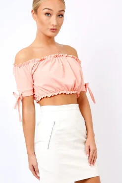 Rebellious Fashion Coral Ruched Bardot Gypsy Crop Top - Janette