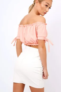 Rebellious Fashion Coral Ruched Bardot Gypsy Crop Top - Janette