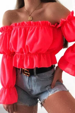 Rebellious Fashion Coral Ruffle Bardot Crop Top - Aagna