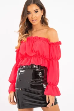 Rebellious Fashion Coral Ruffle Bardot Crop Top - Aagna