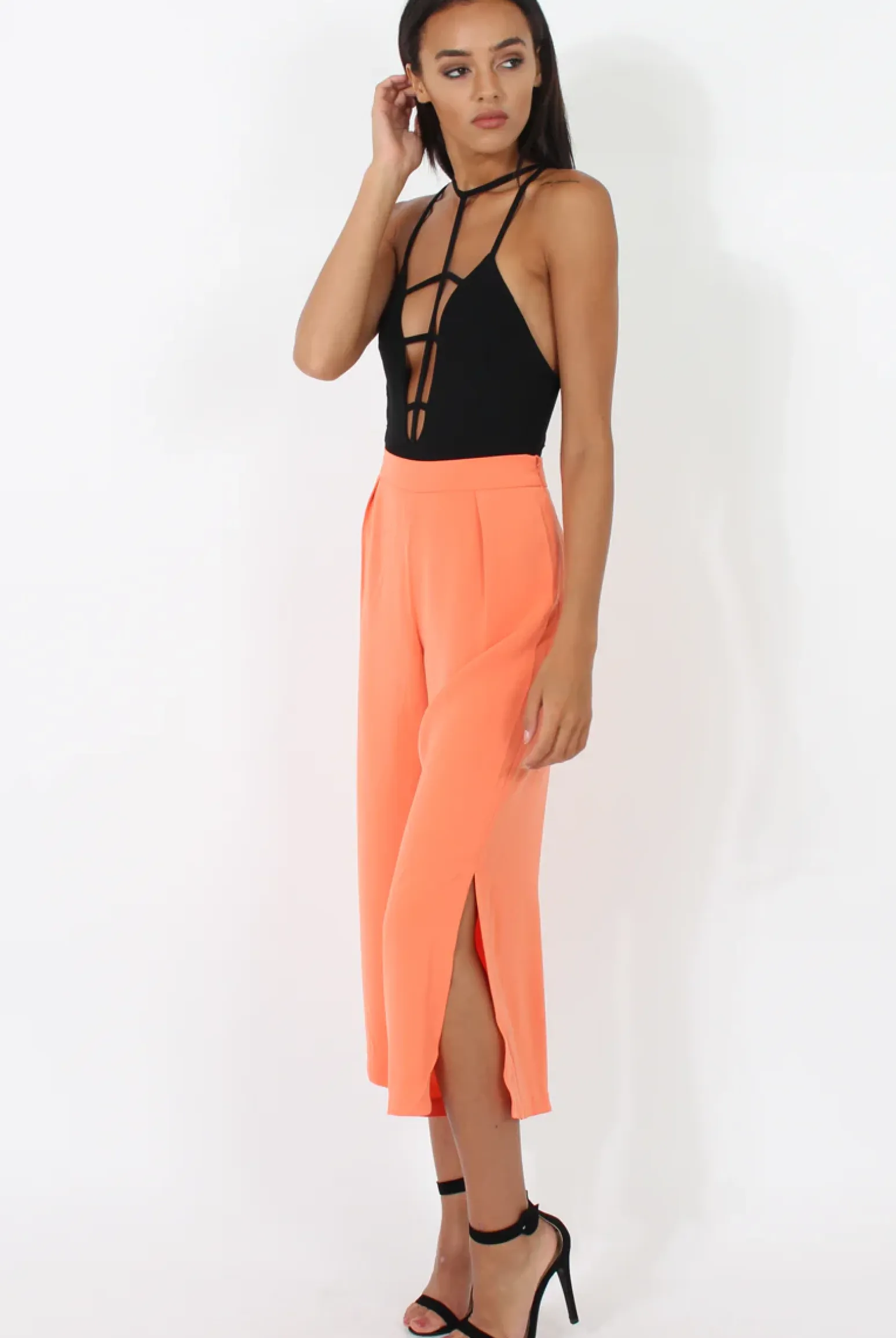 Rebellious Fashion Coral Side Slit Culottes - Odette