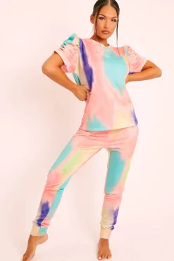 Rebellious Fashion Coral Tie Die Puff Sleeve Loungewear Co-ord - Okla