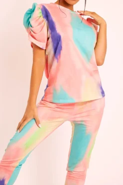 Rebellious Fashion Coral Tie Die Puff Sleeve Loungewear Co-ord - Okla