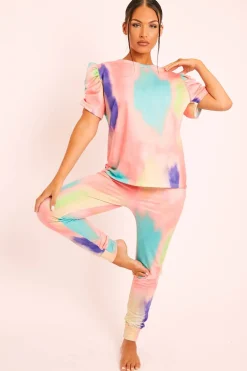 Rebellious Fashion Coral Tie Die Puff Sleeve Loungewear Co-ord - Okla