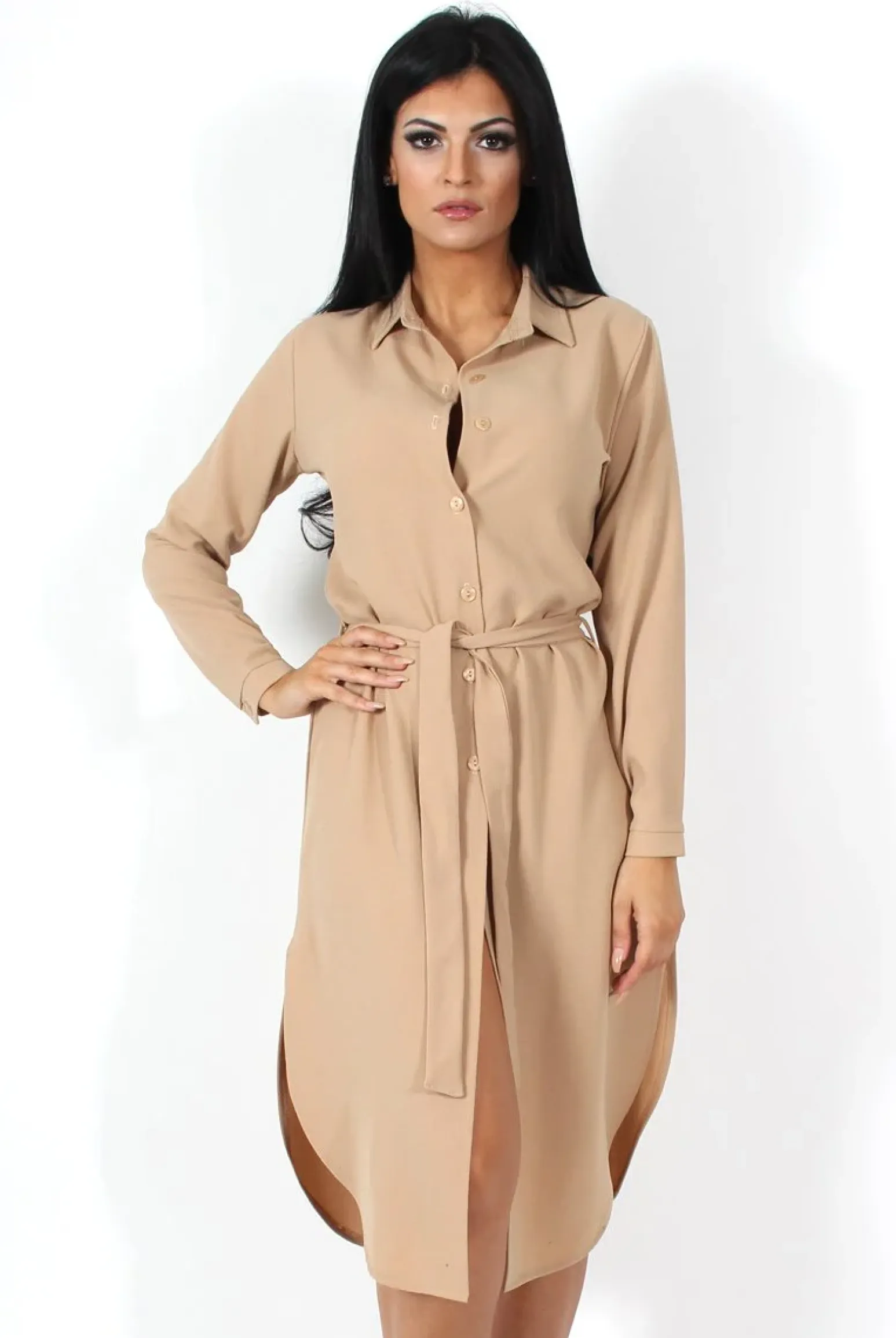Rebellious Fashion Cori Camel Split Shirt Dress