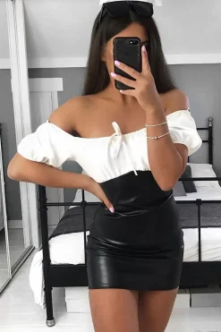 Rebellious Fashion Cream Black PU Puff Sleeve Tie Front Dress Bodycon - Angelina