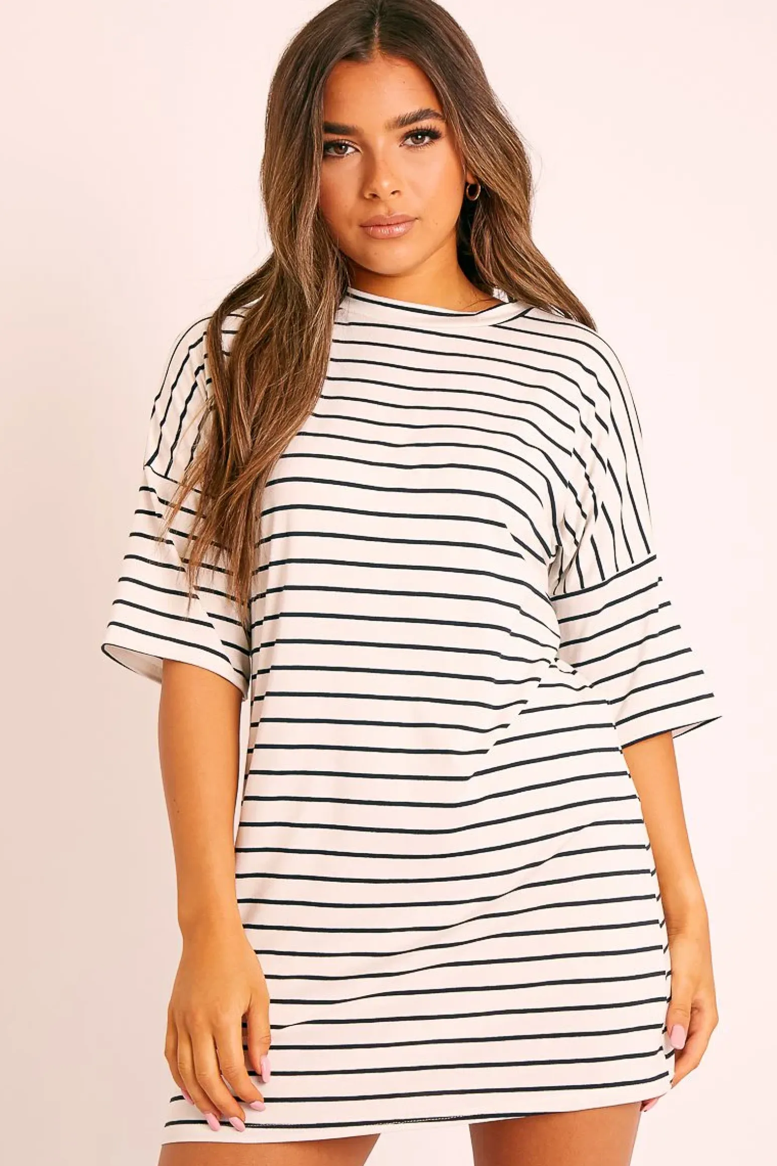 Rebellious Fashion Cream Black Striped T-shirt Dress - Hanaa