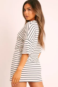 Rebellious Fashion Cream Black Striped T-shirt Dress - Hanaa