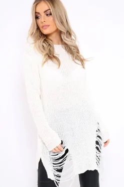 Rebellious Fashion Cream Distressed Jumper Dress - Kim