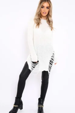 Rebellious Fashion Cream Distressed Jumper Dress - Kim