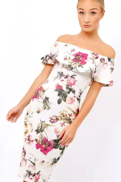Rebellious Fashion Cream Floral Bodycon Bardot Dress - Luanne