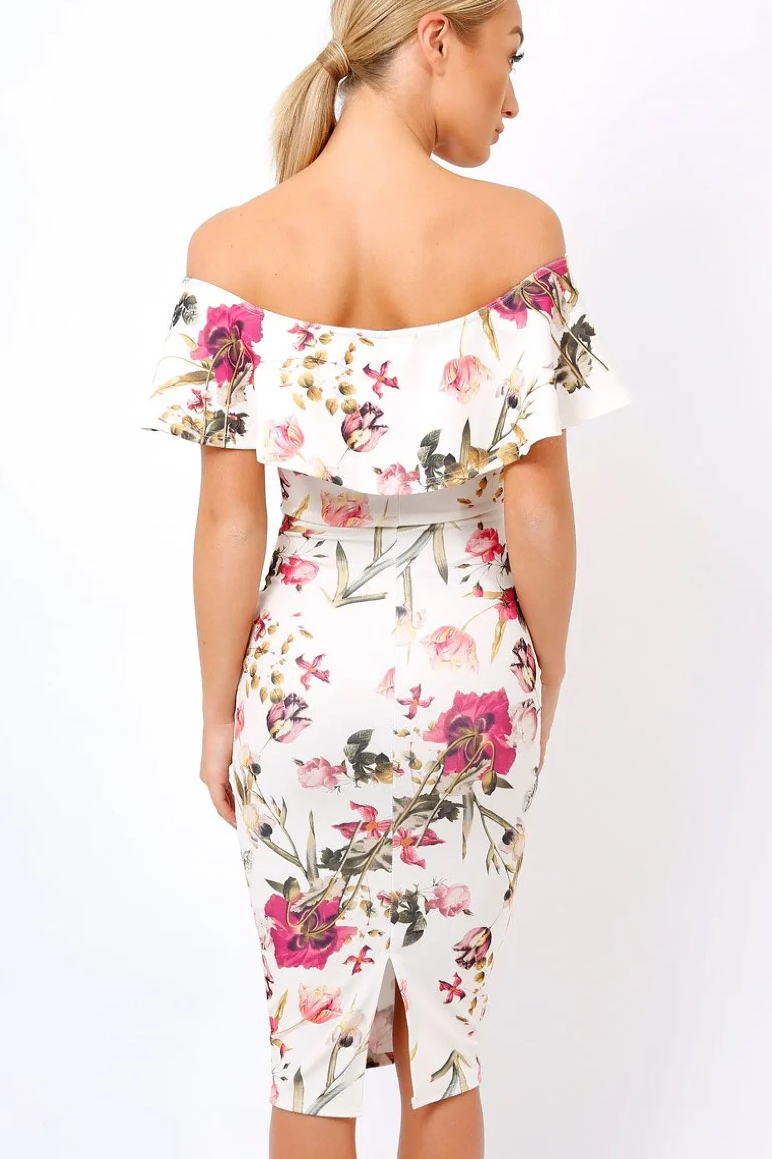 Rebellious Fashion Cream Floral Bodycon Bardot Dress - Luanne