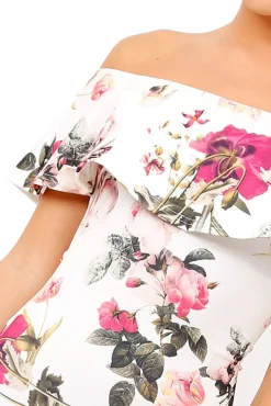 Rebellious Fashion Cream Floral Bodycon Bardot Dress - Luanne