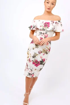 Rebellious Fashion Cream Floral Bodycon Bardot Dress - Luanne
