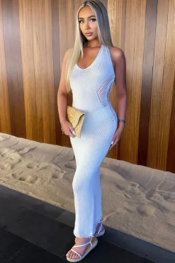 Rebellious Fashion Cream Knit Contour Halter Neck Maxi Dress - Katya