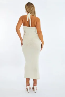 Rebellious Fashion Cream Knit Contour Halter Neck Maxi Dress - Katya