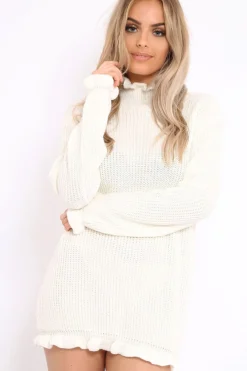 Rebellious Fashion Cream Knitted Ruffle Jumper Dress with Elasticated hems - Velma