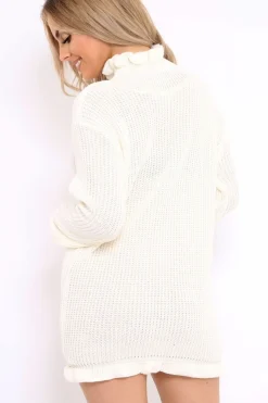 Rebellious Fashion Cream Knitted Ruffle Jumper Dress with Elasticated hems - Velma