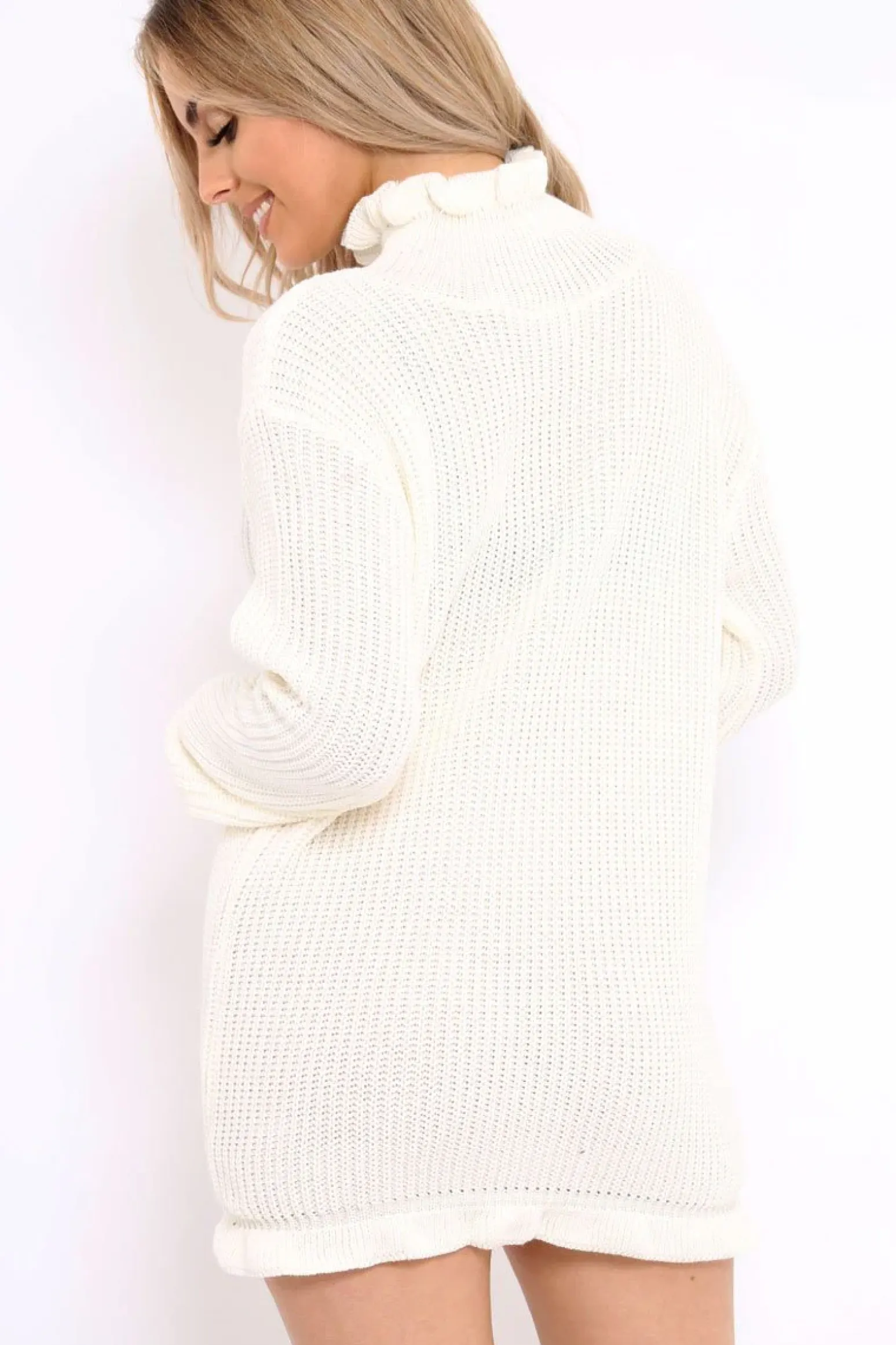 Rebellious Fashion Cream Knitted Ruffle Jumper Dress with Elasticated hems - Velma