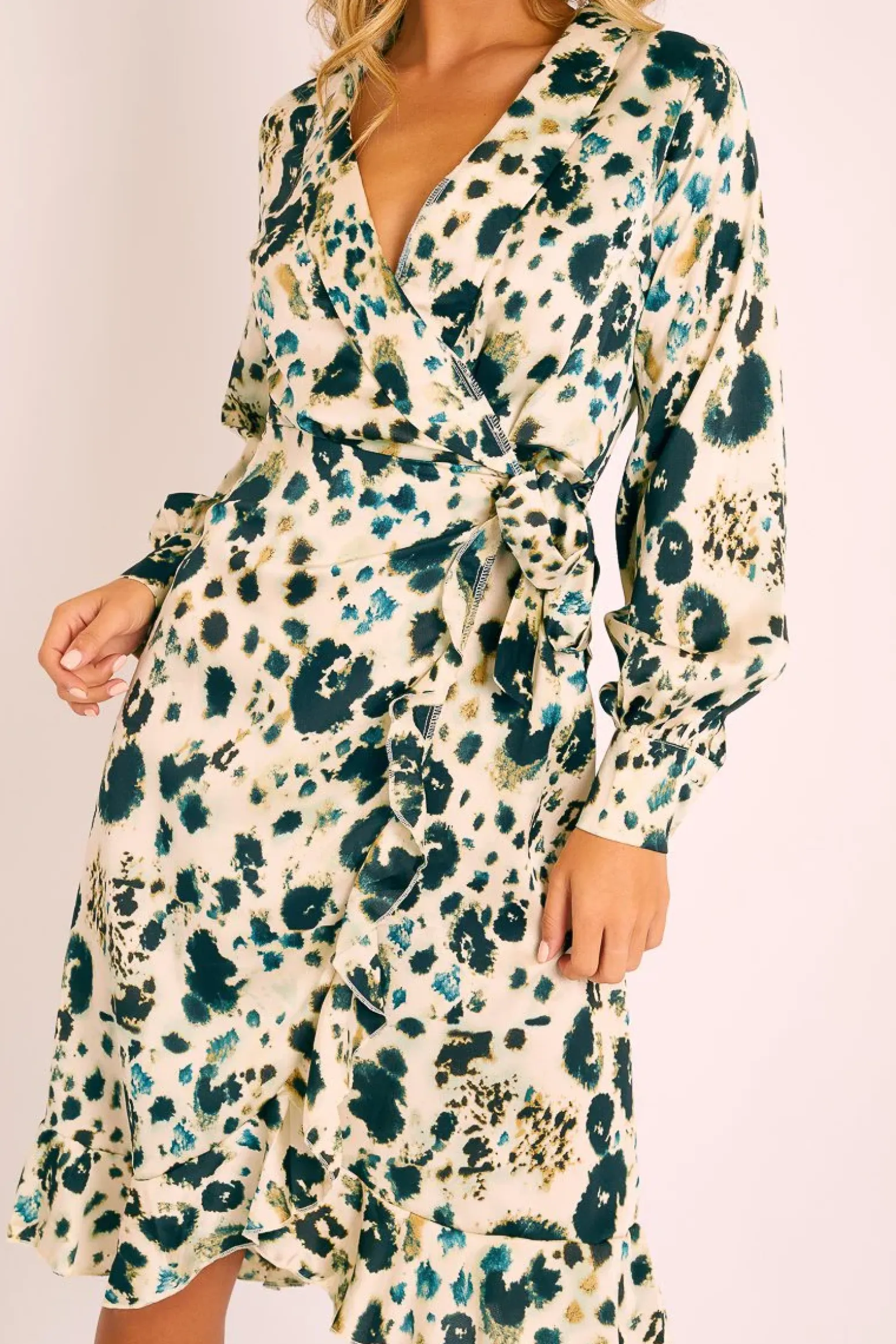 Rebellious Fashion Cream Leopard Wrap Front Tie Detail Dress - Maya