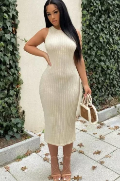 Rebellious Fashion Cream Light Knit Midi Dress - Leeza