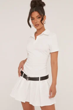 Rebellious Fashion Cream Pleated Hem Belt Detail Mini Dress - Millie