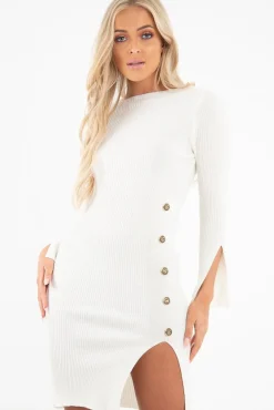Rebellious Fashion Cream Slash Neck Button Rib Knit Midi Dress - Haydee