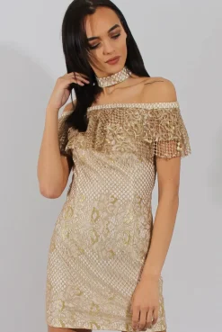 Rebellious Fashion Cream And Gold Lace Frill Bardot Choker Dress - Jolie