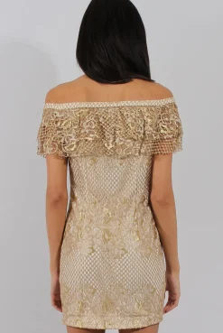 Rebellious Fashion Cream And Gold Lace Frill Bardot Choker Dress - Jolie