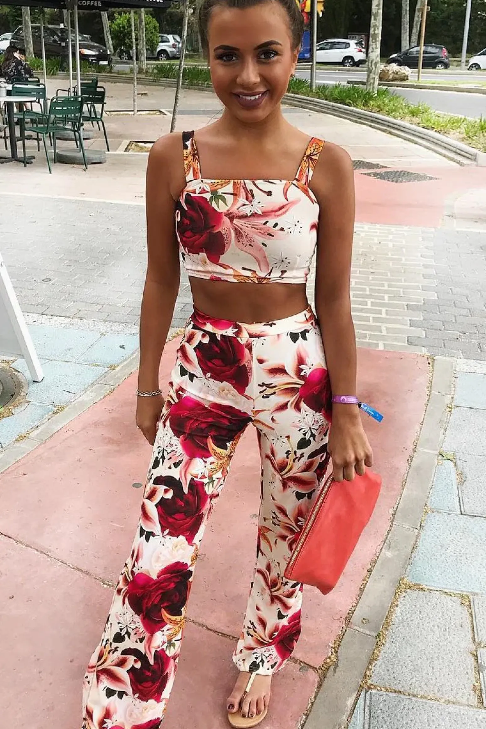 Rebellious Fashion Cream and Red Floral Crop Top and Trousers Co-ord Set - Kimmy