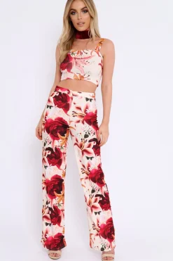 Rebellious Fashion Cream and Red Floral Crop Top and Trousers Co-ord Set - Kimmy