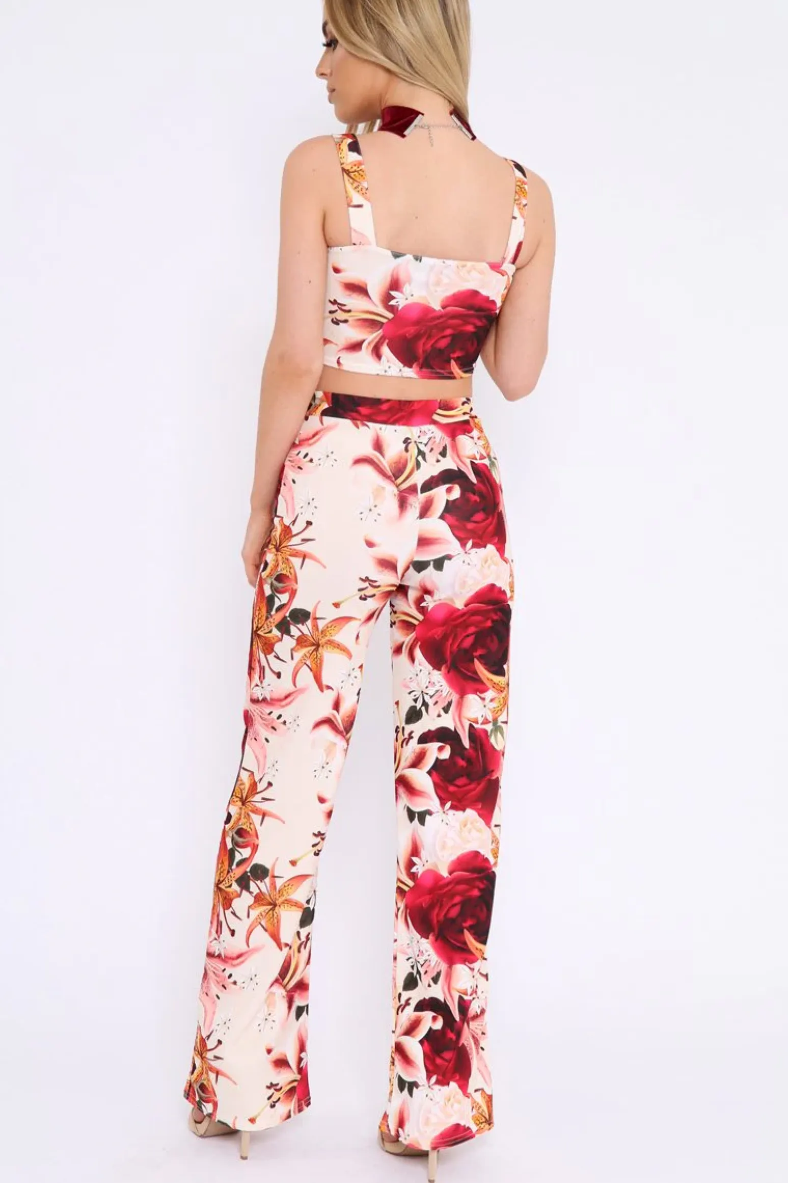 Rebellious Fashion Cream and Red Floral Crop Top and Trousers Co-ord Set - Kimmy