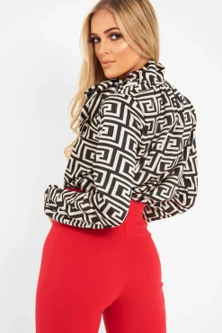 Rebellious Fashion Cream Aztec Print Satin Long Sleeve Bow Shirt - Abrah