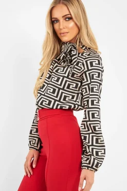 Rebellious Fashion Cream Aztec Print Satin Long Sleeve Bow Shirt - Abrah