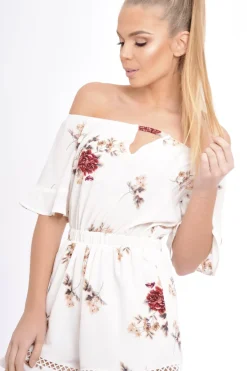 Rebellious Fashion Cream Bardot Floral Playsuit - Estee