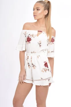 Rebellious Fashion Cream Bardot Floral Playsuit - Estee