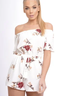 Rebellious Fashion Cream Bardot Floral Tassel Playsuit - Keren
