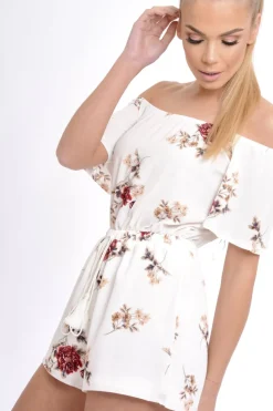 Rebellious Fashion Cream Bardot Floral Tassel Playsuit - Keren