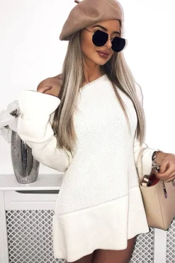 Rebellious Fashion Cream Bell Sleeve Extreme Hem Chunky Knit Jumper Dress - Paige
