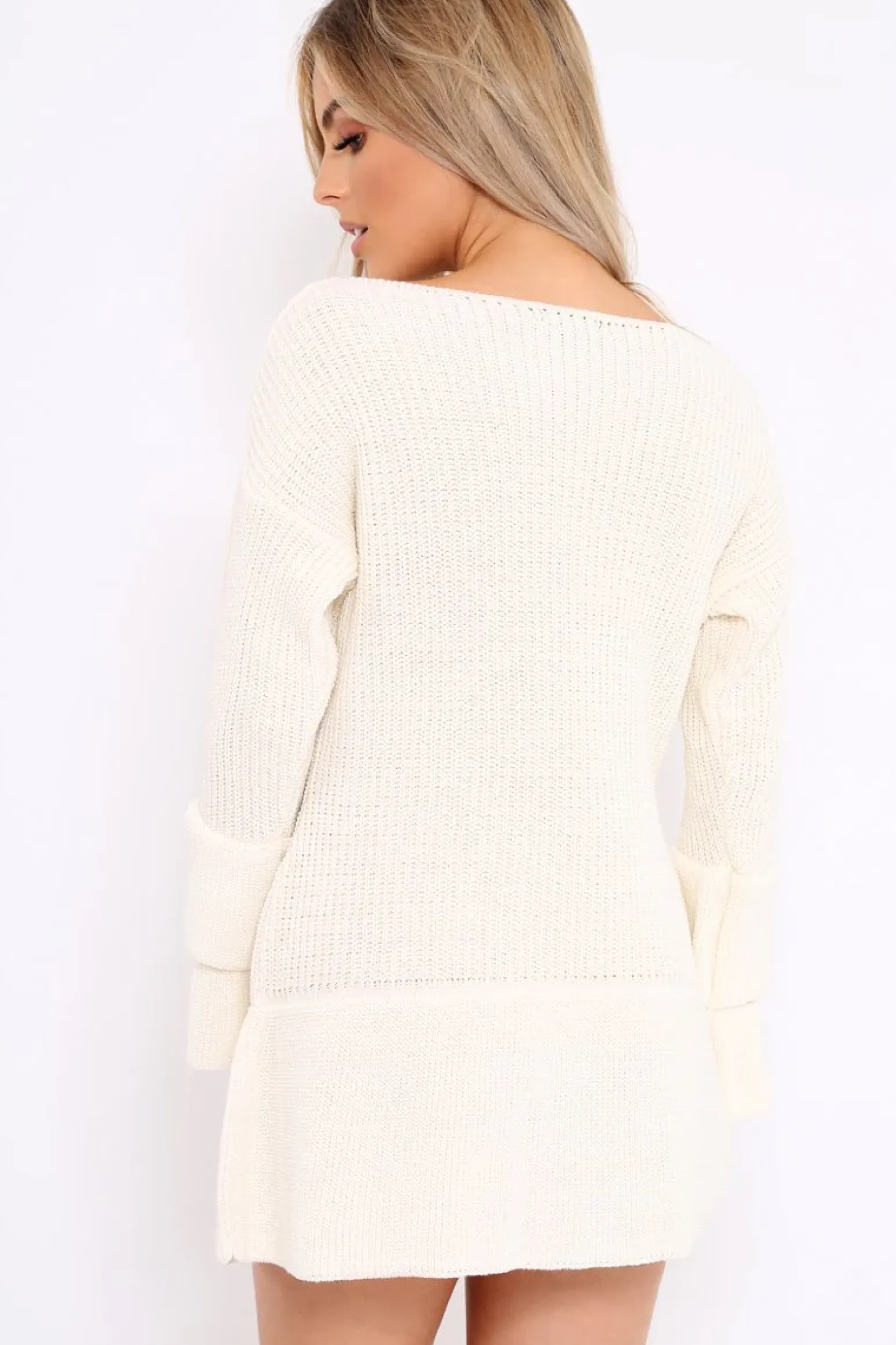 Rebellious Fashion Cream Bell Sleeve Extreme Hem Chunky Knit Jumper Dress - Paige