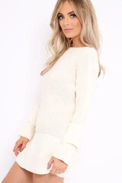 Rebellious Fashion Cream Bell Sleeve Extreme Hem Chunky Knit Jumper Dress - Paige