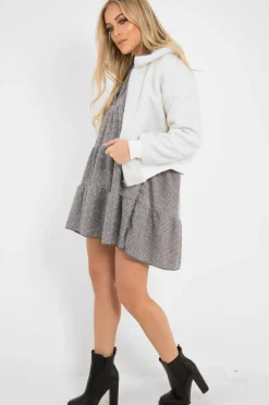 Rebellious Fashion Cream Borg Cropped Bomber Jacket - Heidy