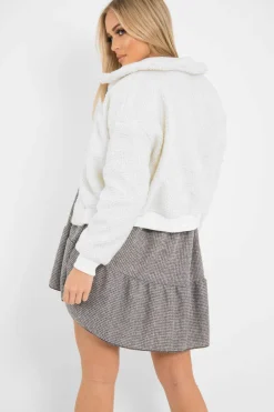 Rebellious Fashion Cream Borg Cropped Bomber Jacket - Heidy