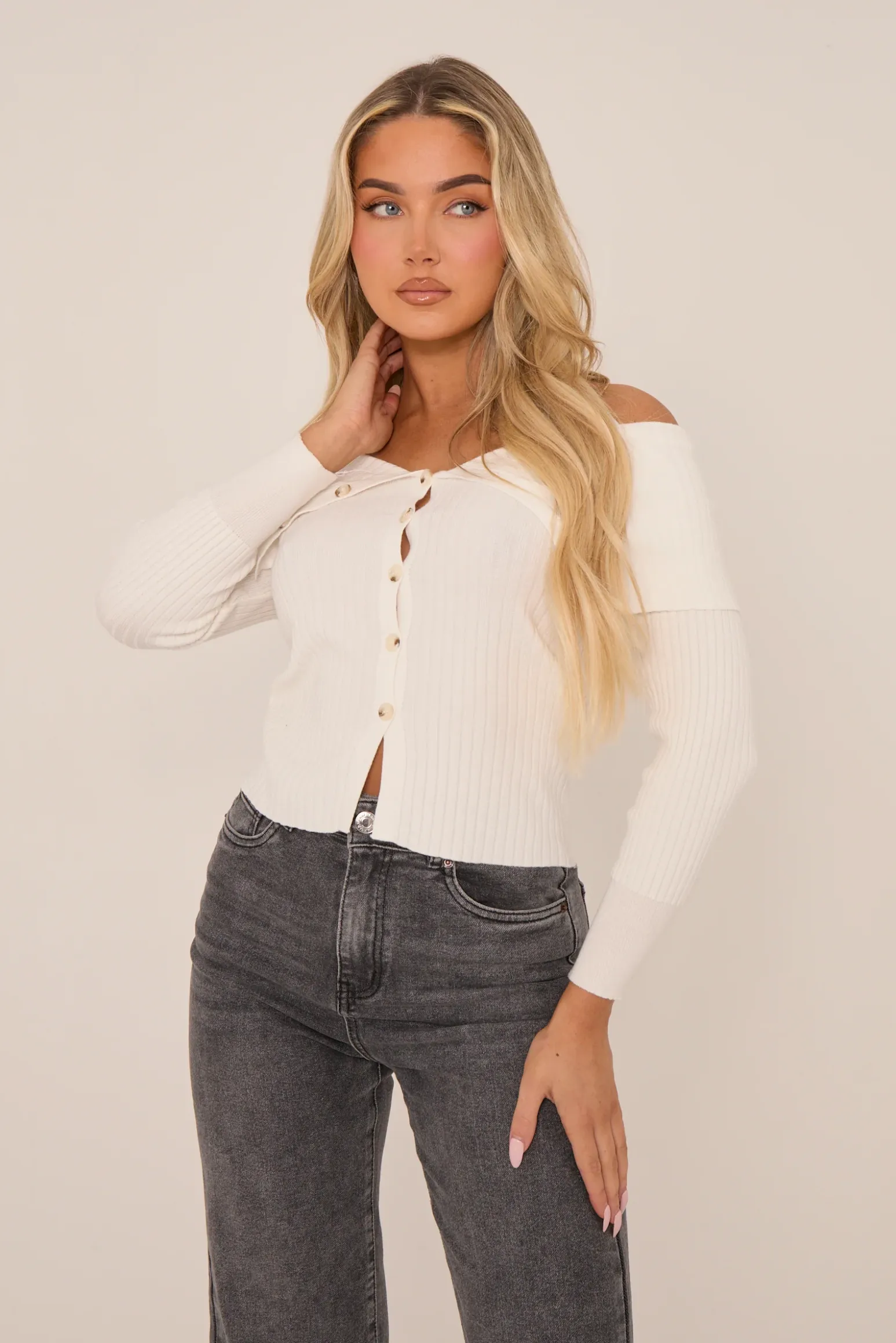 Rebellious Fashion Cream Button Front Fold Down Knitted Jumper - Alvina